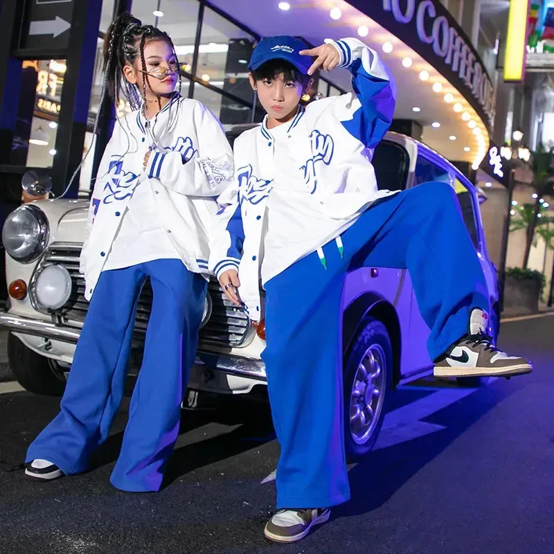 #HH07 Hip Hop Costume- White Blue 2 Tone Baseball Jacket -Loose Fit Street Jogger Pants for Girl or Boy