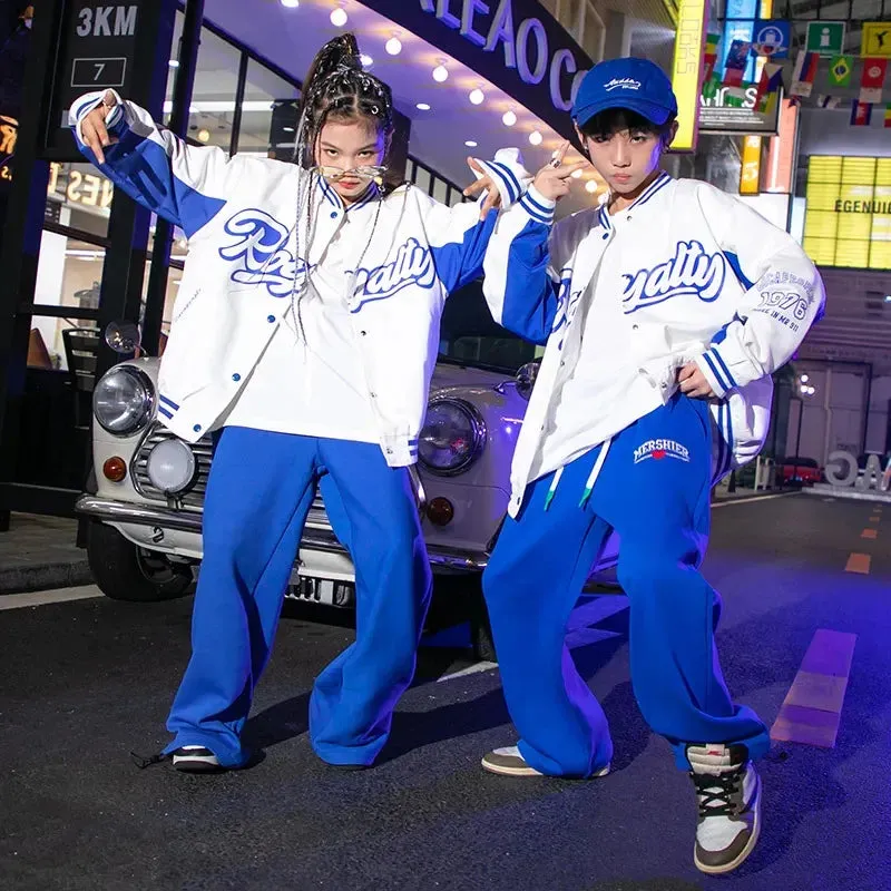 #HH07 Hip Hop Costume- White Blue 2 Tone Baseball Jacket -Loose Fit Street Jogger Pants for Girl or Boy