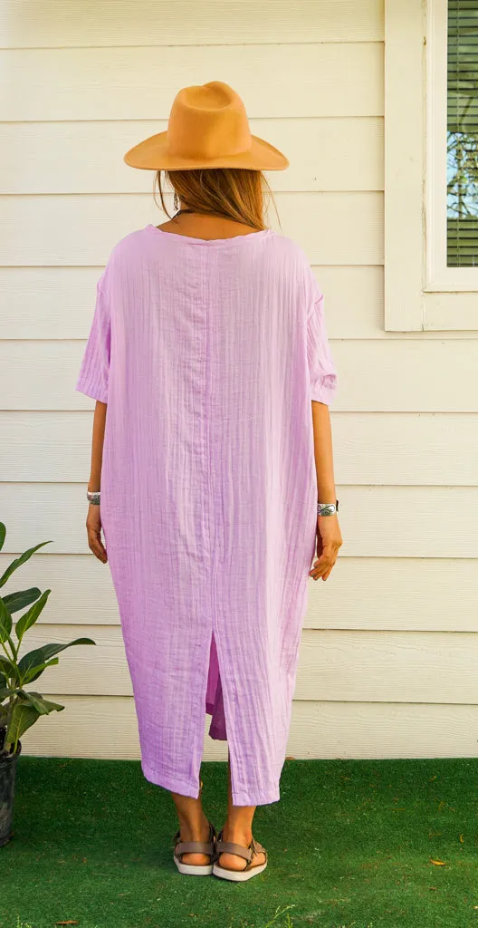 Lavender Double Gauze Cotton Dress with Pockets