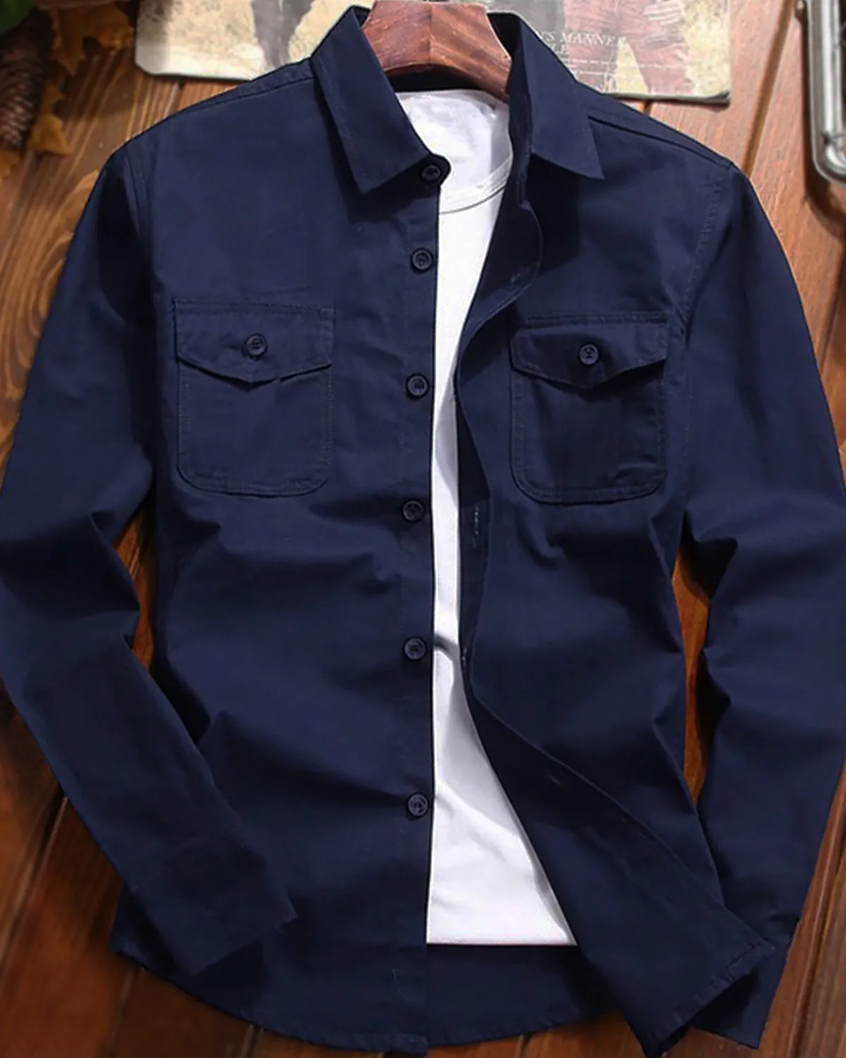 Men Double Pocket Navy Blue Full Hand Shirt