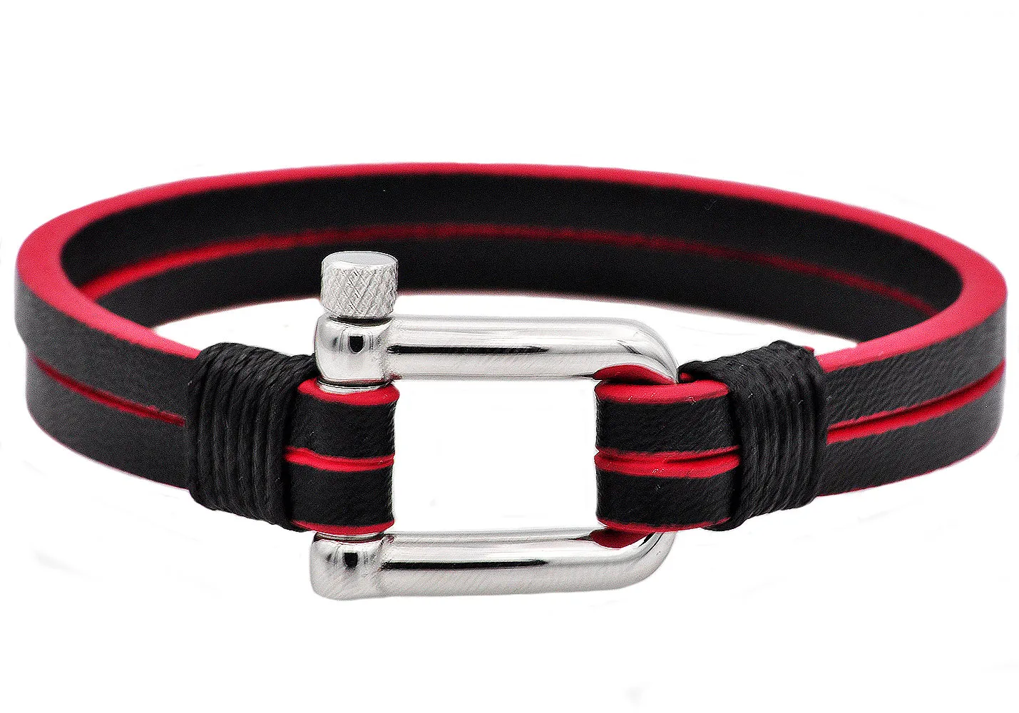 Mens Black And Red Leather Stainless Steel Bracelet