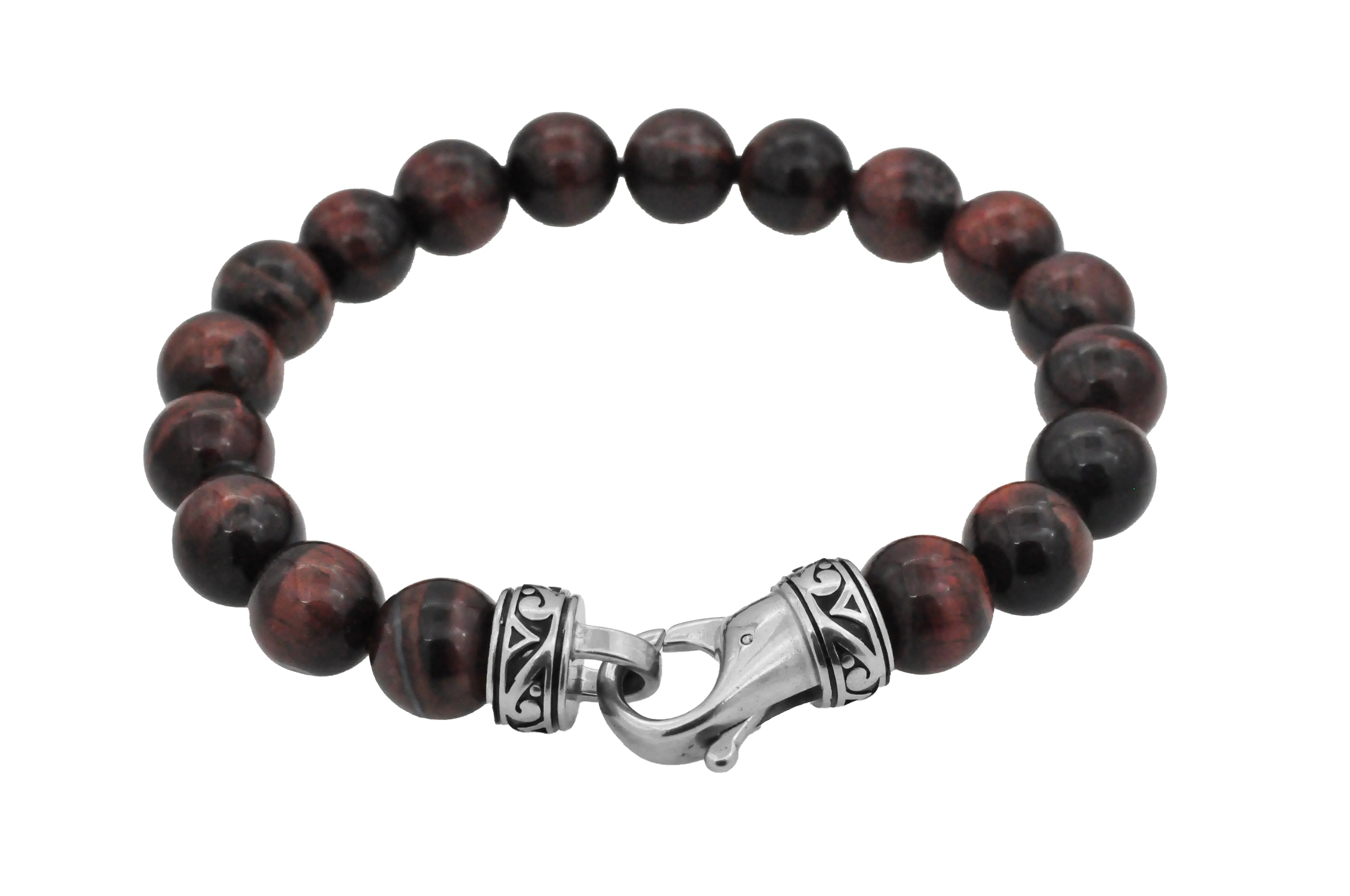 Mens Genuine 10mm Red Tiger Eye Stainless Steel Beaded Bracelet