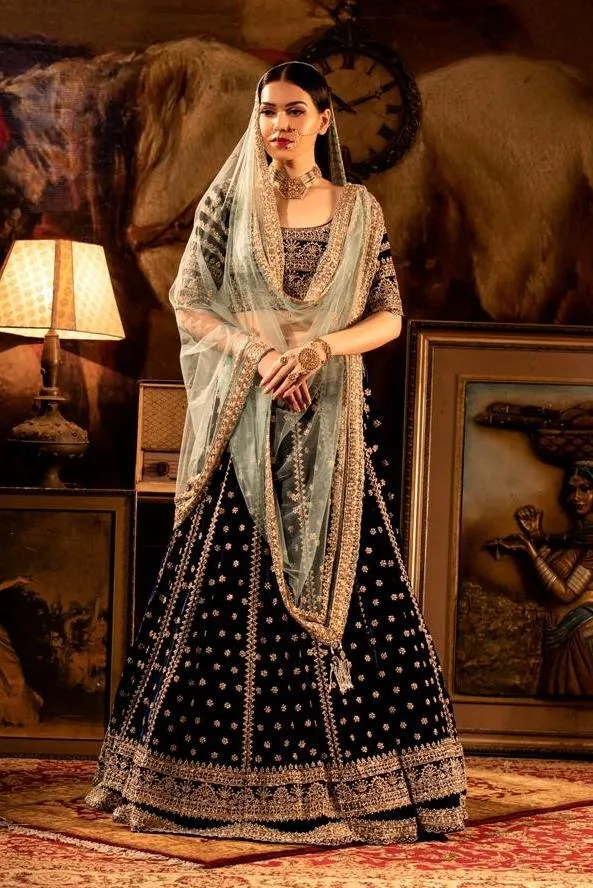 Mid-night Blue Velvet Lehenga with Blue Dupatta set.