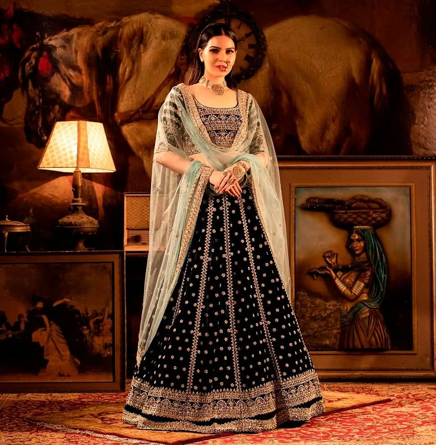 Mid-night Blue Velvet Lehenga with Blue Dupatta set.