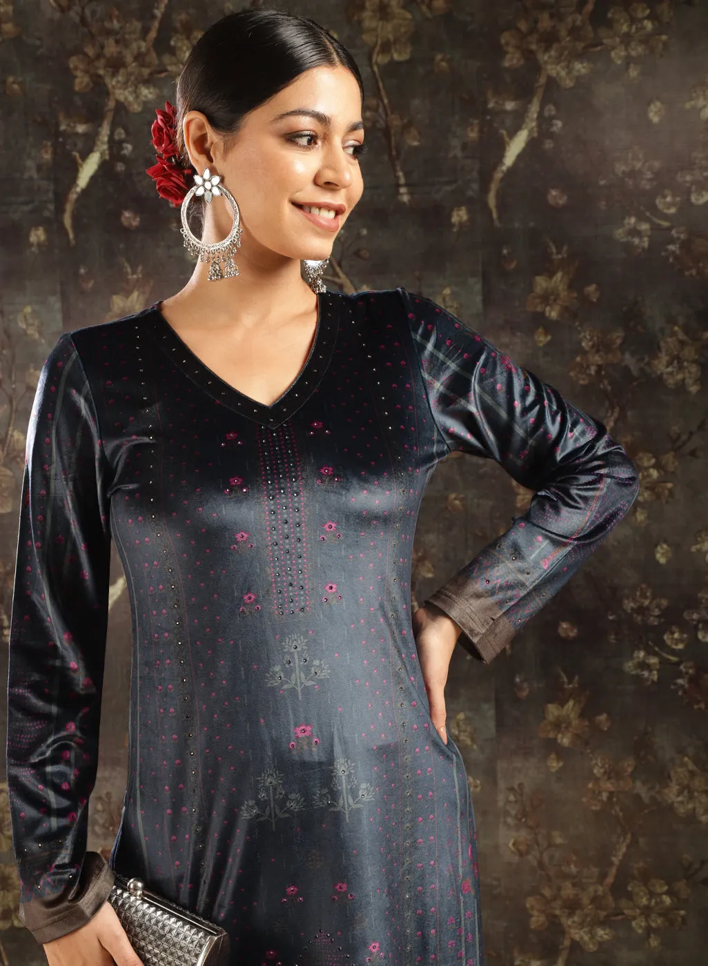 Navy Blue Printed Velvet Kurta Set with Swarovski Work