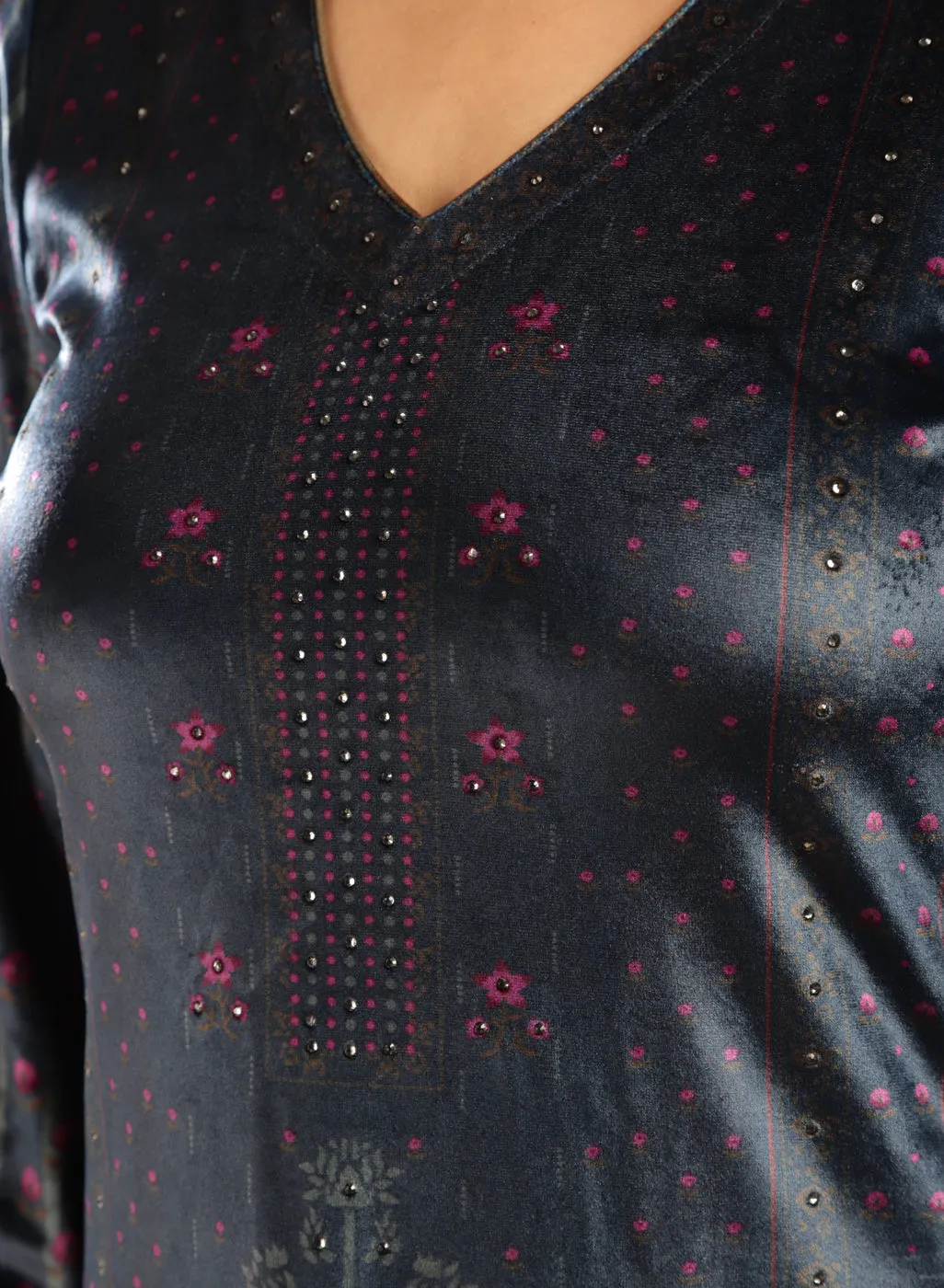 Navy Blue Printed Velvet Kurta Set with Swarovski Work