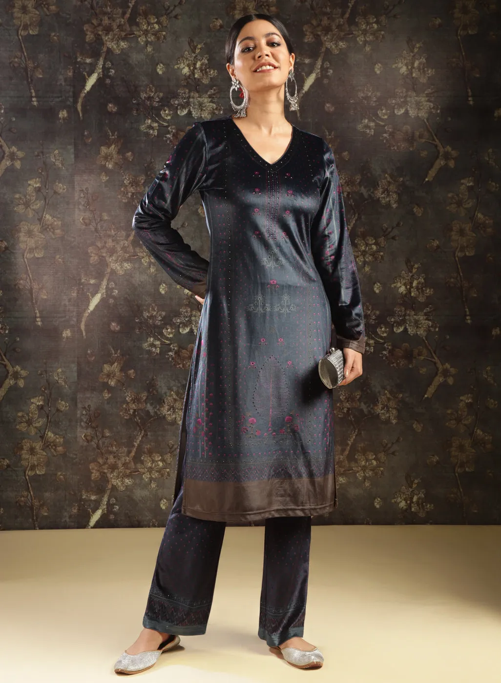 Navy Blue Printed Velvet Kurta Set with Swarovski Work