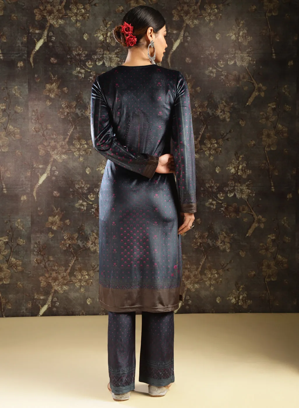 Navy Blue Printed Velvet Kurta Set with Swarovski Work