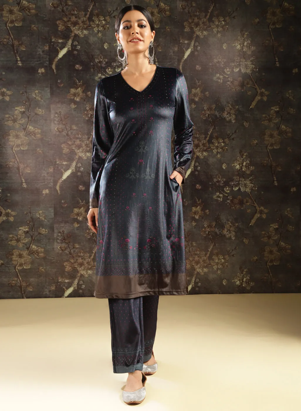 Navy Blue Printed Velvet Kurta Set with Swarovski Work