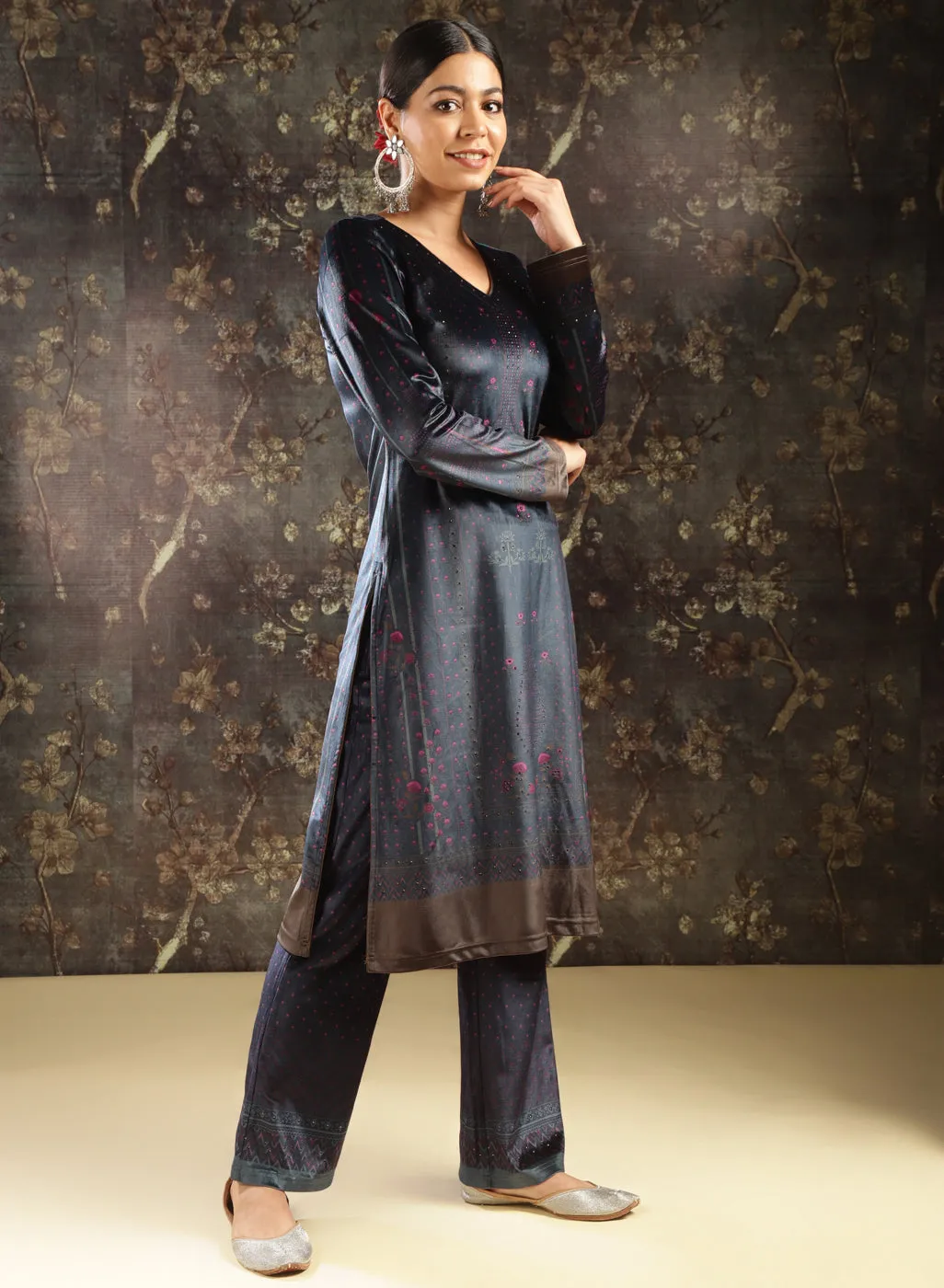 Navy Blue Printed Velvet Kurta Set with Swarovski Work