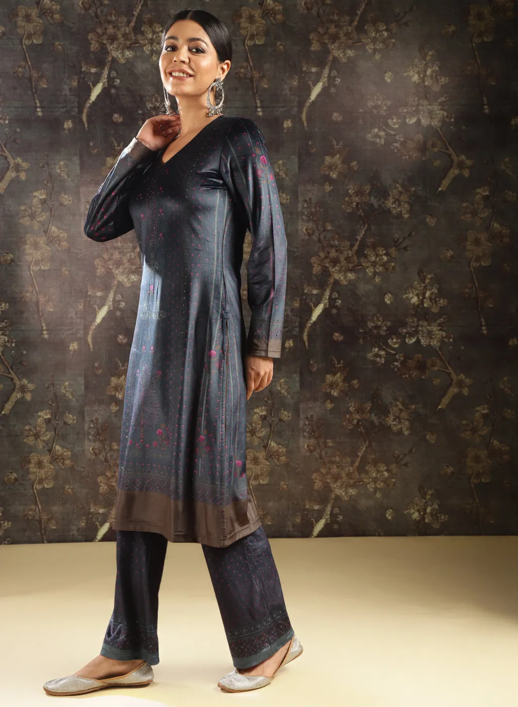 Navy Blue Printed Velvet Kurta Set with Swarovski Work