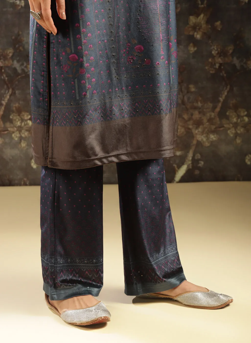 Navy Blue Printed Velvet Kurta Set with Swarovski Work