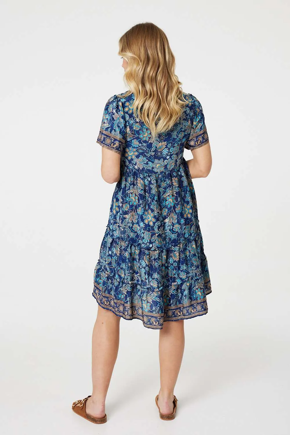 Paisley Border Print V-Neck Short Dress