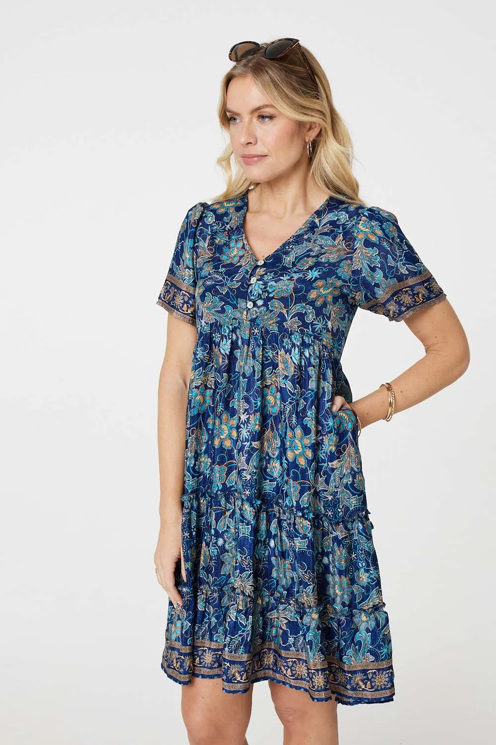 Paisley Border Print V-Neck Short Dress