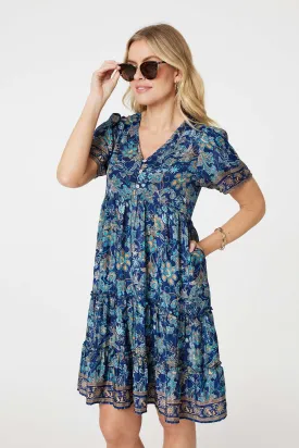 Paisley Border Print V-Neck Short Dress