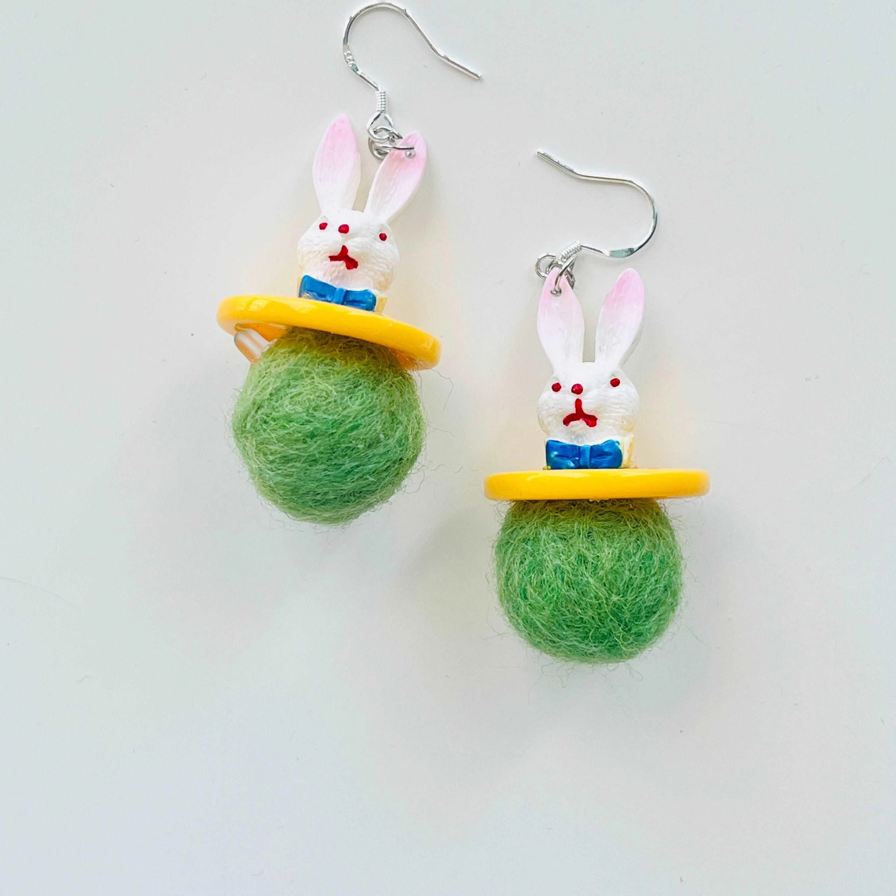 Rabbit With Wool Felt Ball Hook Earrings