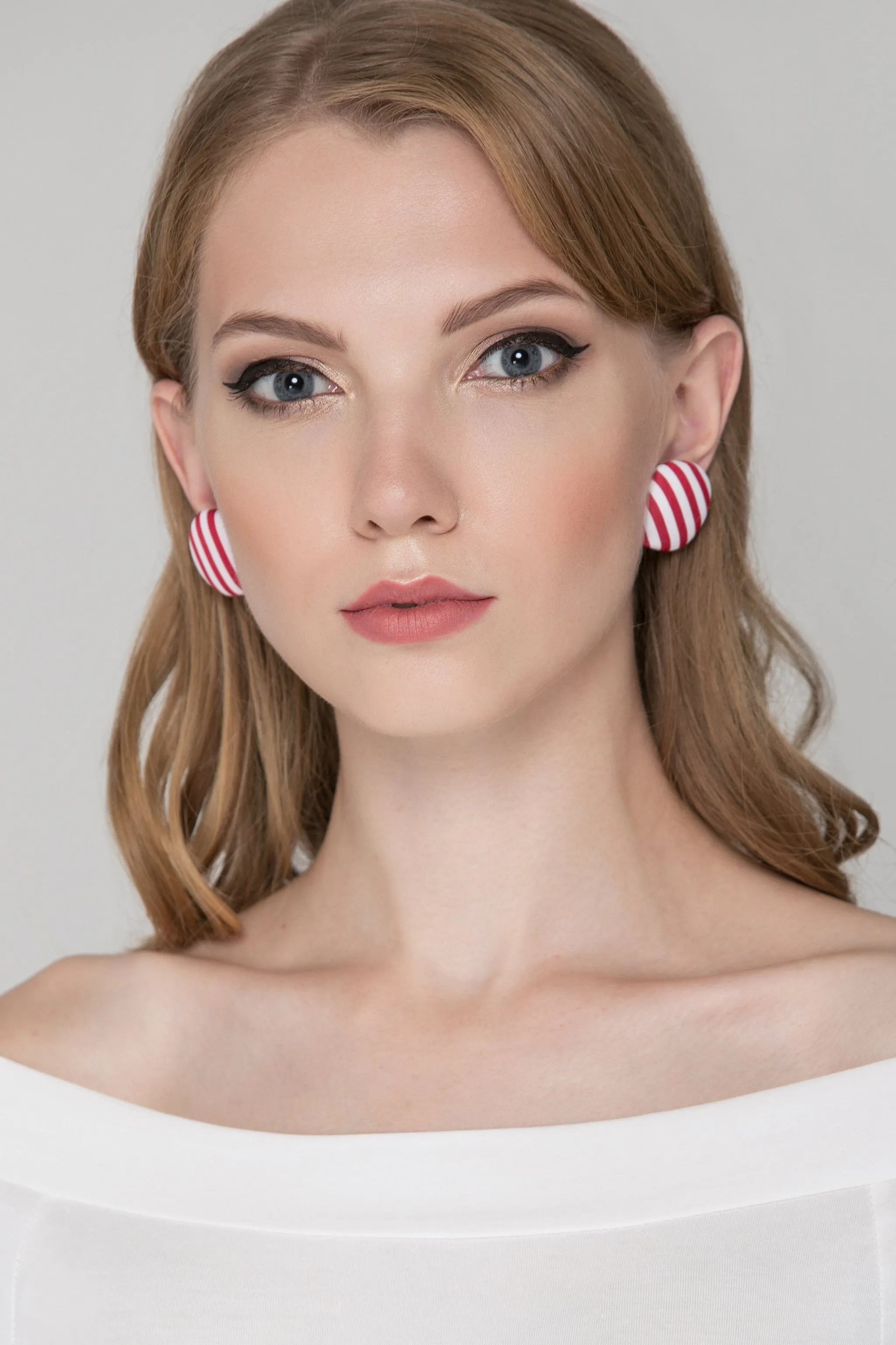 Red and White Stripe Button Earrings