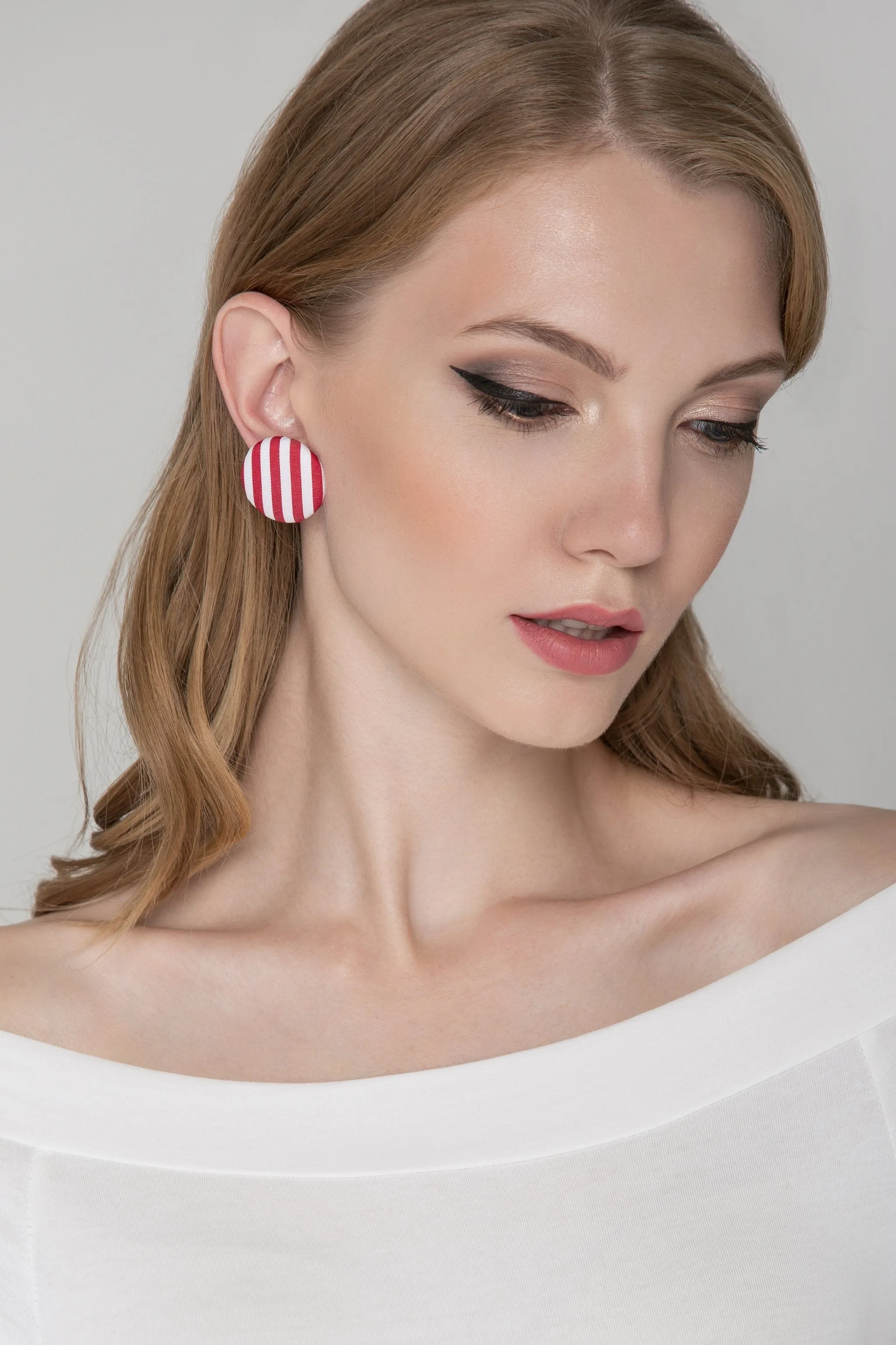 Red and White Stripe Button Earrings