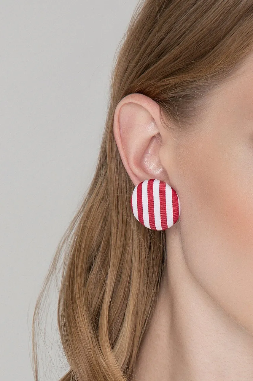 Red and White Stripe Button Earrings