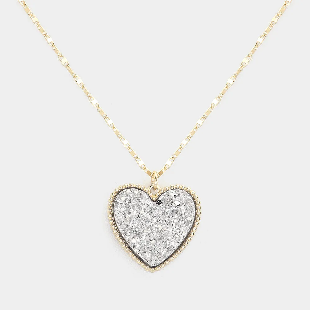 Silver Druzy Heart Pendant Necklace