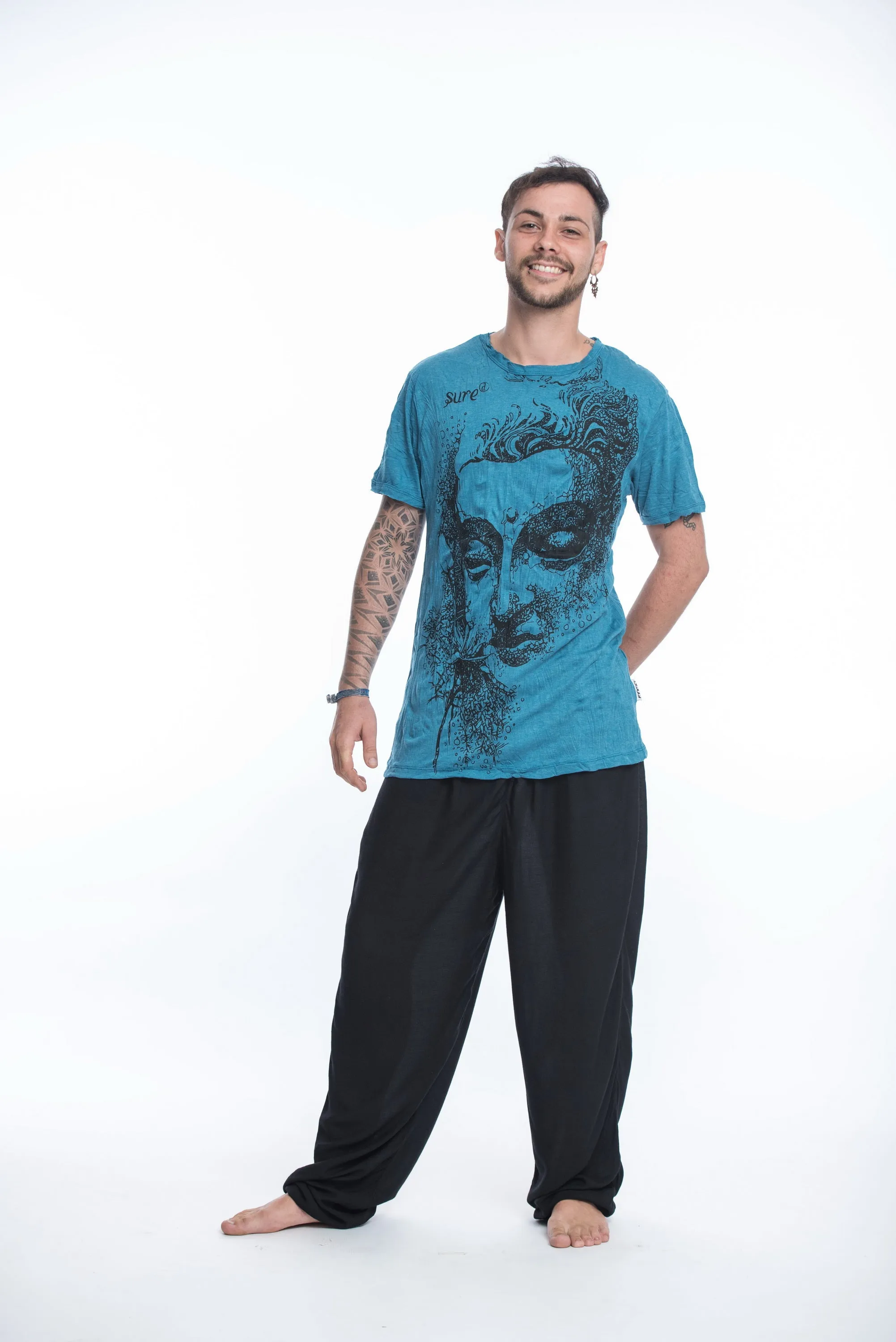 Sure Design Mens Buddha Face T-Shirt Denim Blue