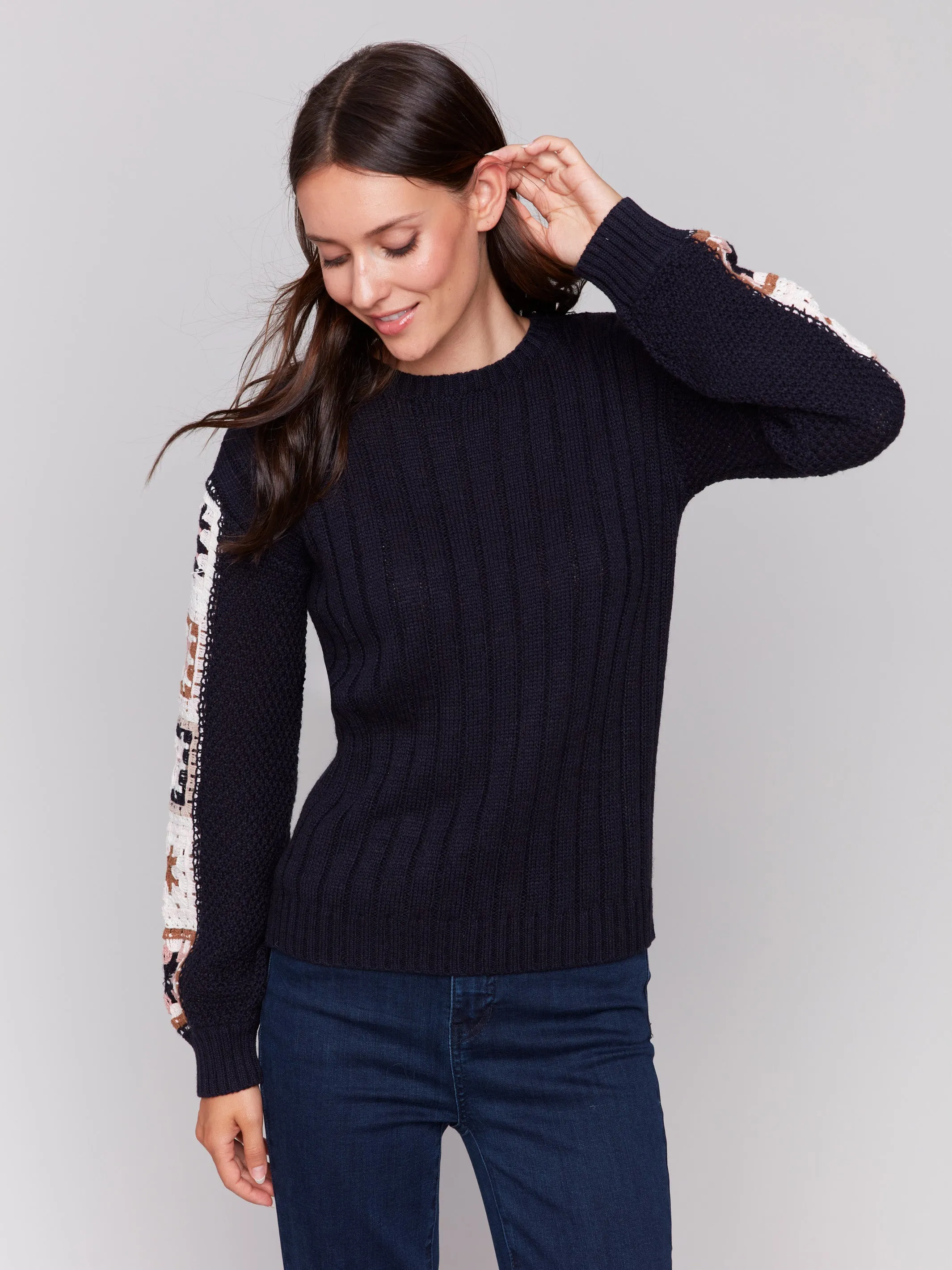 Sweater with Crochet Sleeves - Navy