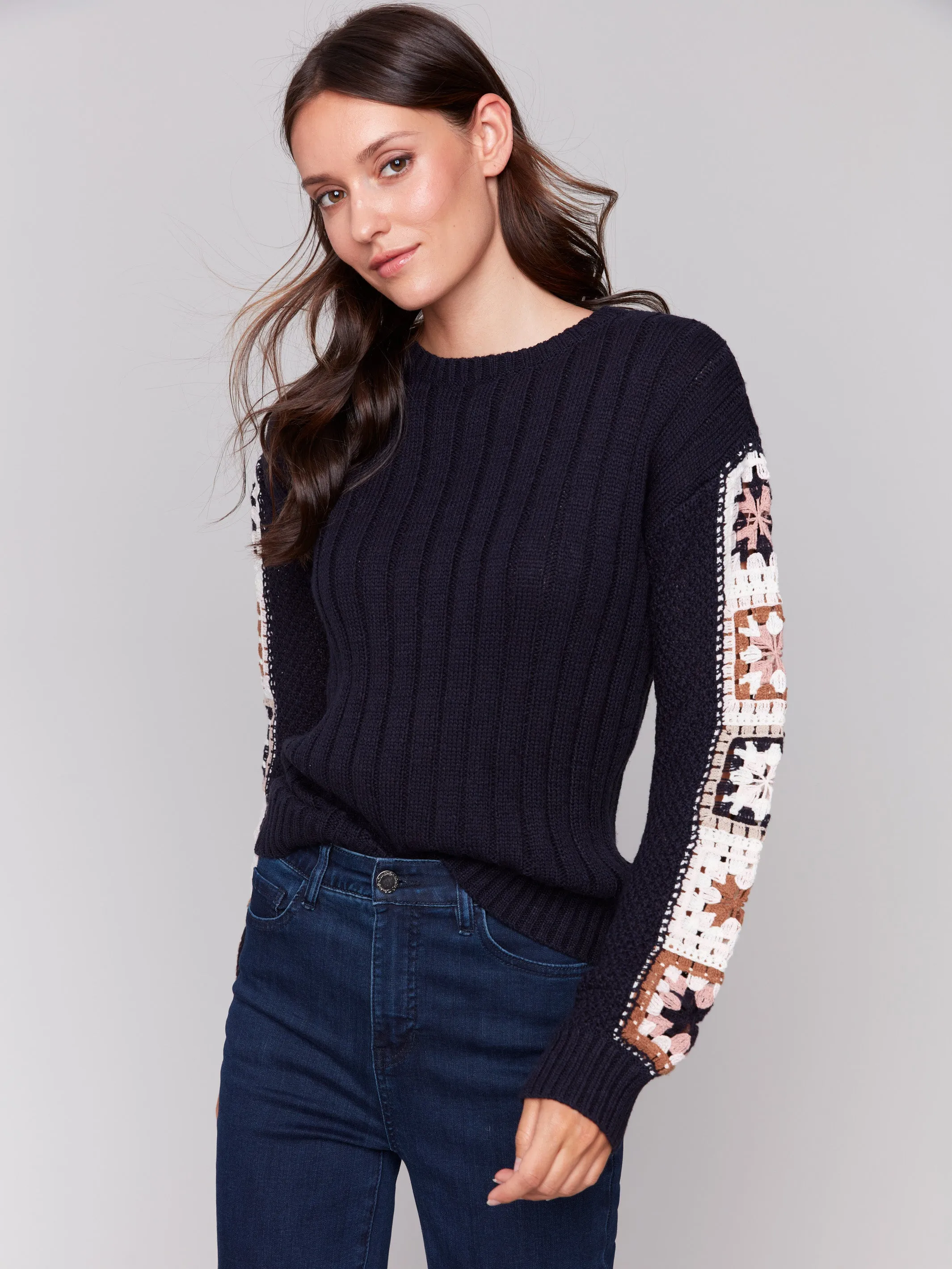 Sweater with Crochet Sleeves - Navy