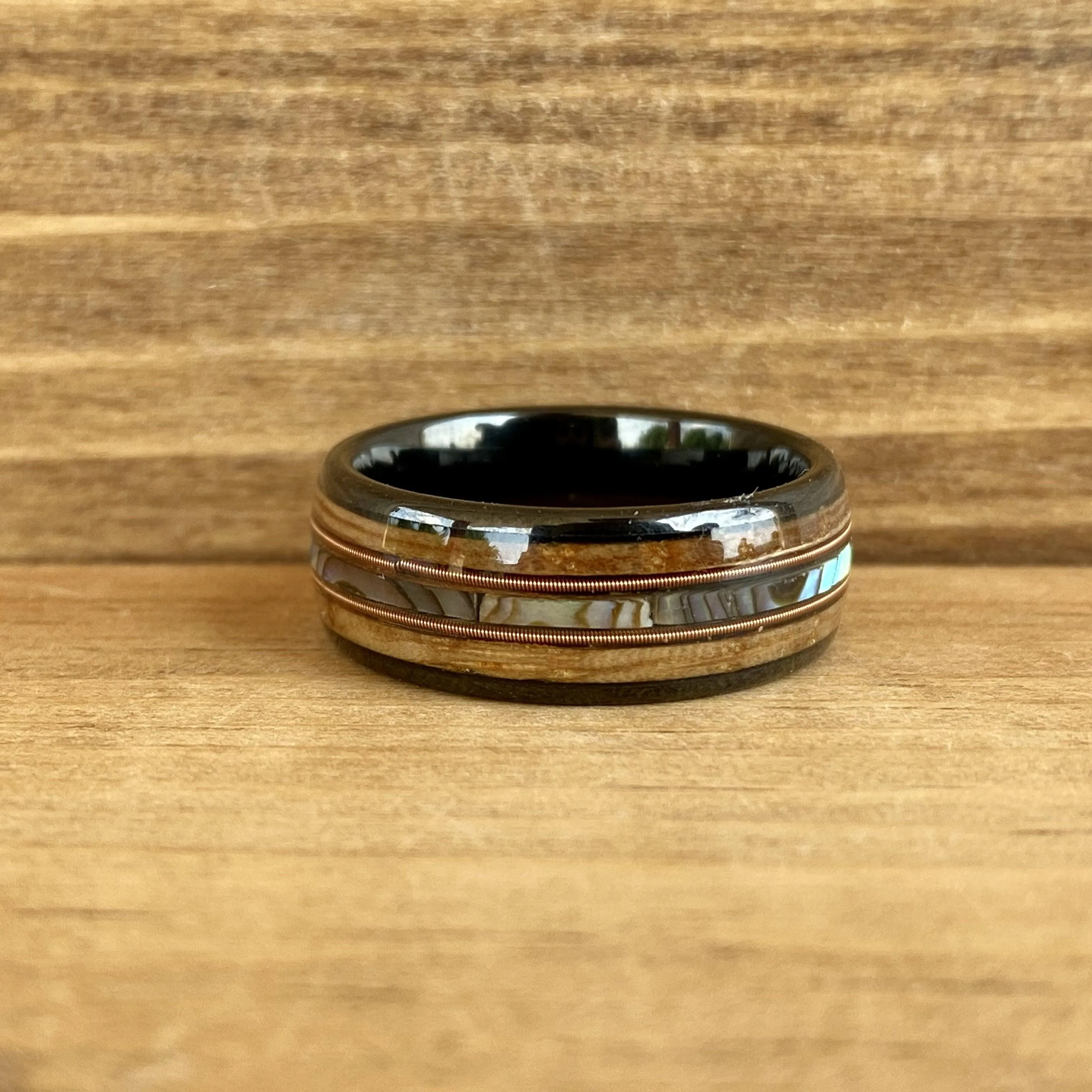 “The Rockstar”  Reclaimed Bourbon Whiskey Barrel Black Ceramic Ring With Guitar String