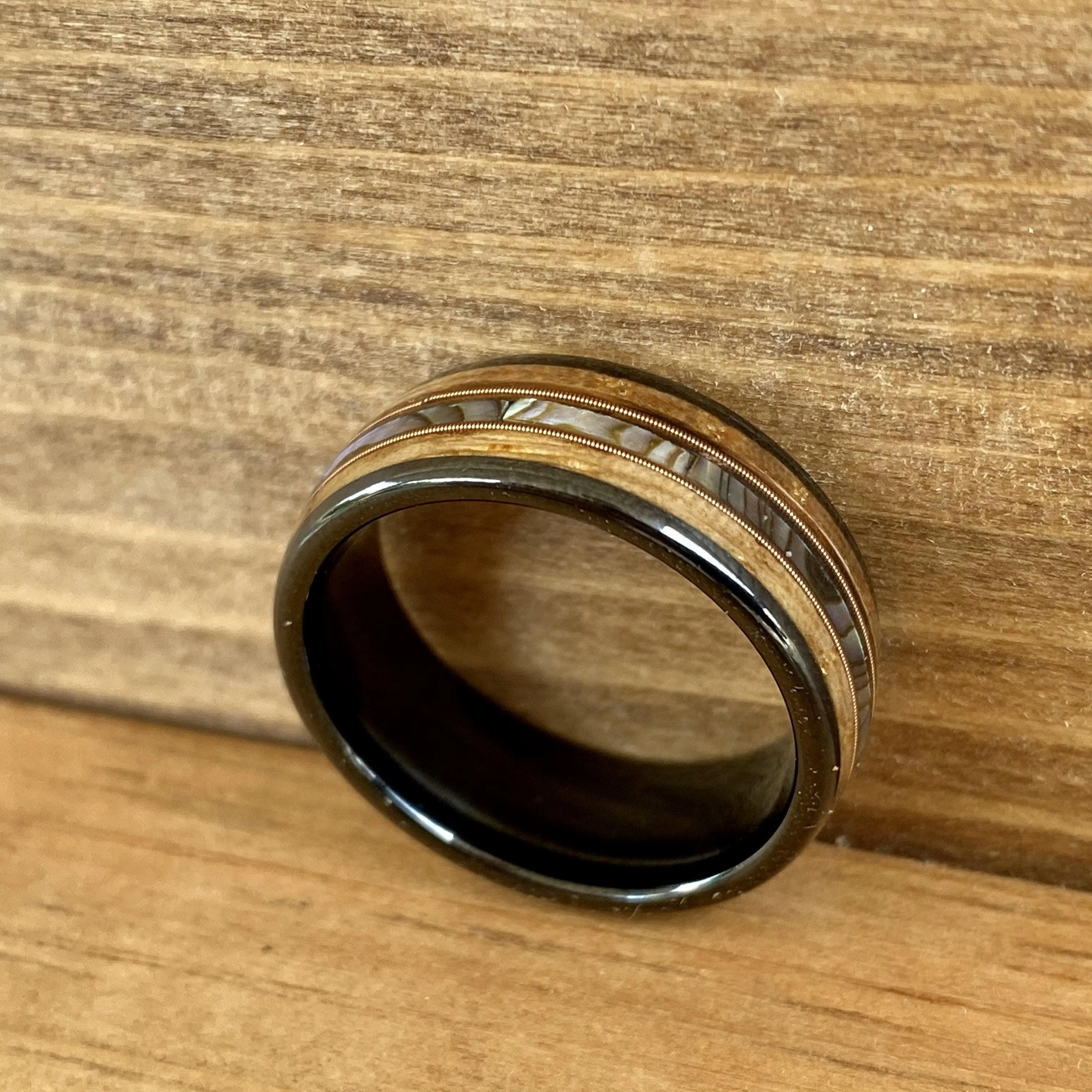 “The Rockstar”  Reclaimed Bourbon Whiskey Barrel Black Ceramic Ring With Guitar String