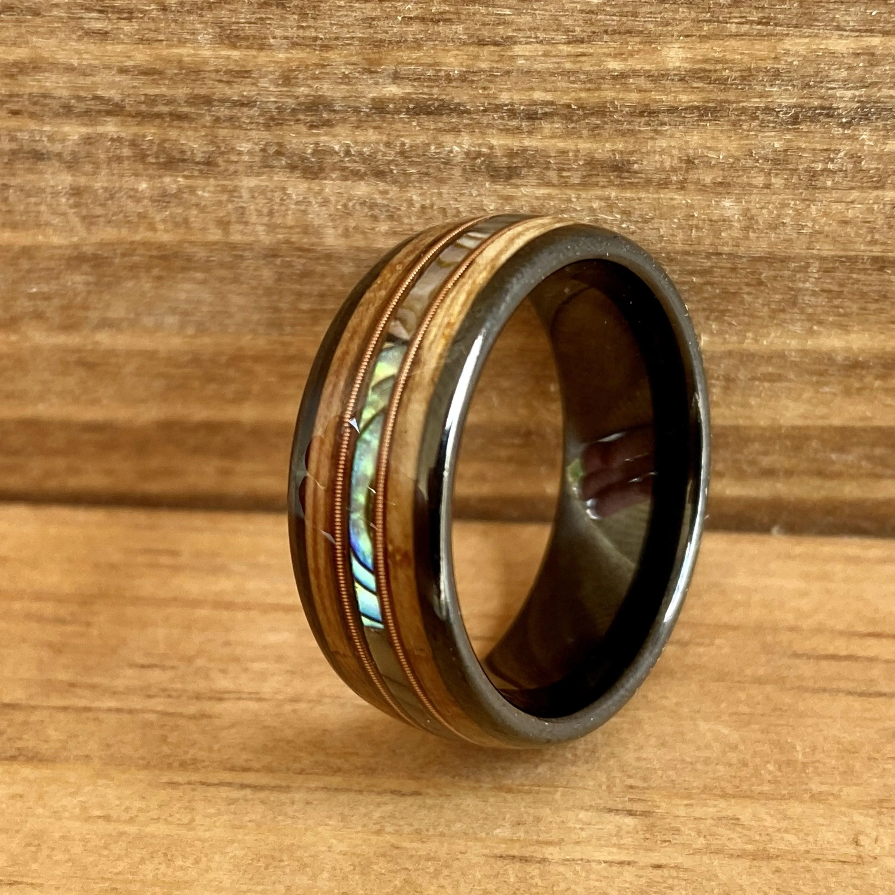 “The Rockstar”  Reclaimed Bourbon Whiskey Barrel Black Ceramic Ring With Guitar String