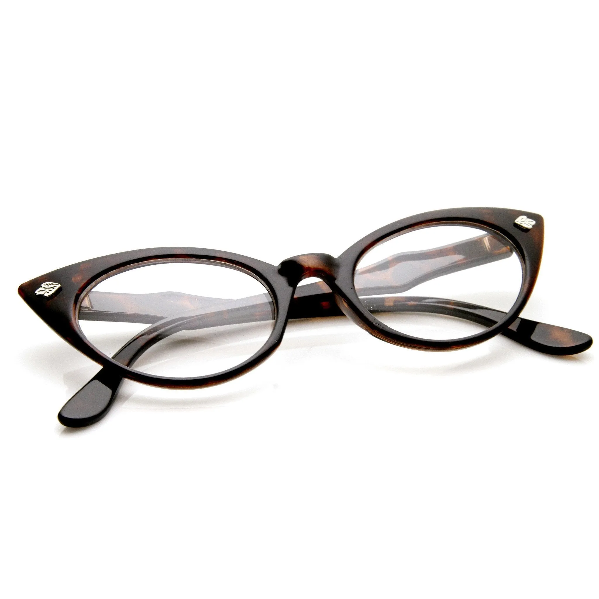 Womens 1960's Fashion Leaf Accent Cat Eye Clear Lens Glasses